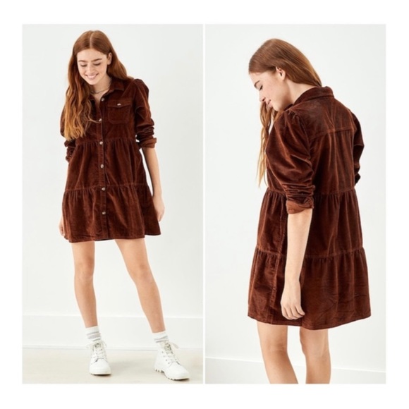 AE Corduroy Button-Up Babydoll Shirt Dress - Picture 1 of 5